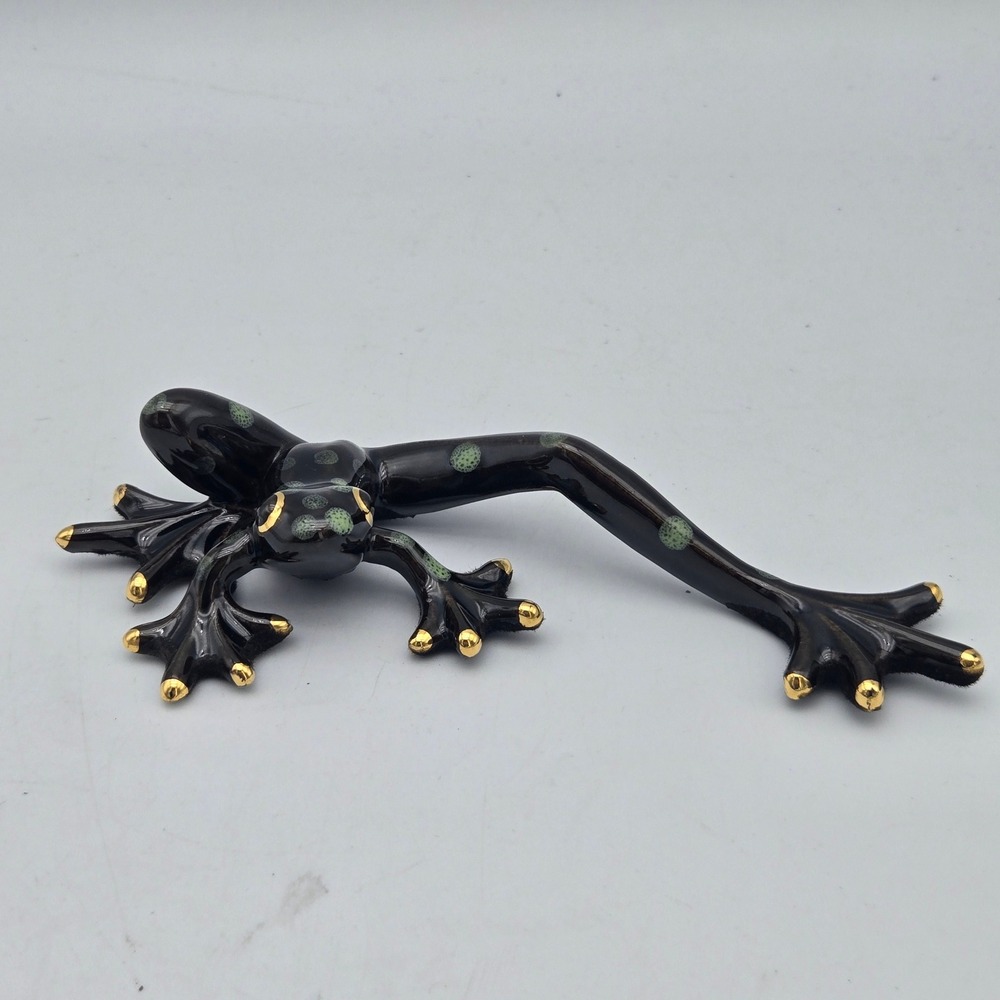 Golden Pond Porcelain Stretching Frog Figurine Black Green Glossy Frogman Style